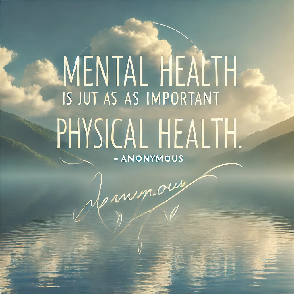 Serene landscape with a lake and the quote 'Mental health is just as important as physical health.'