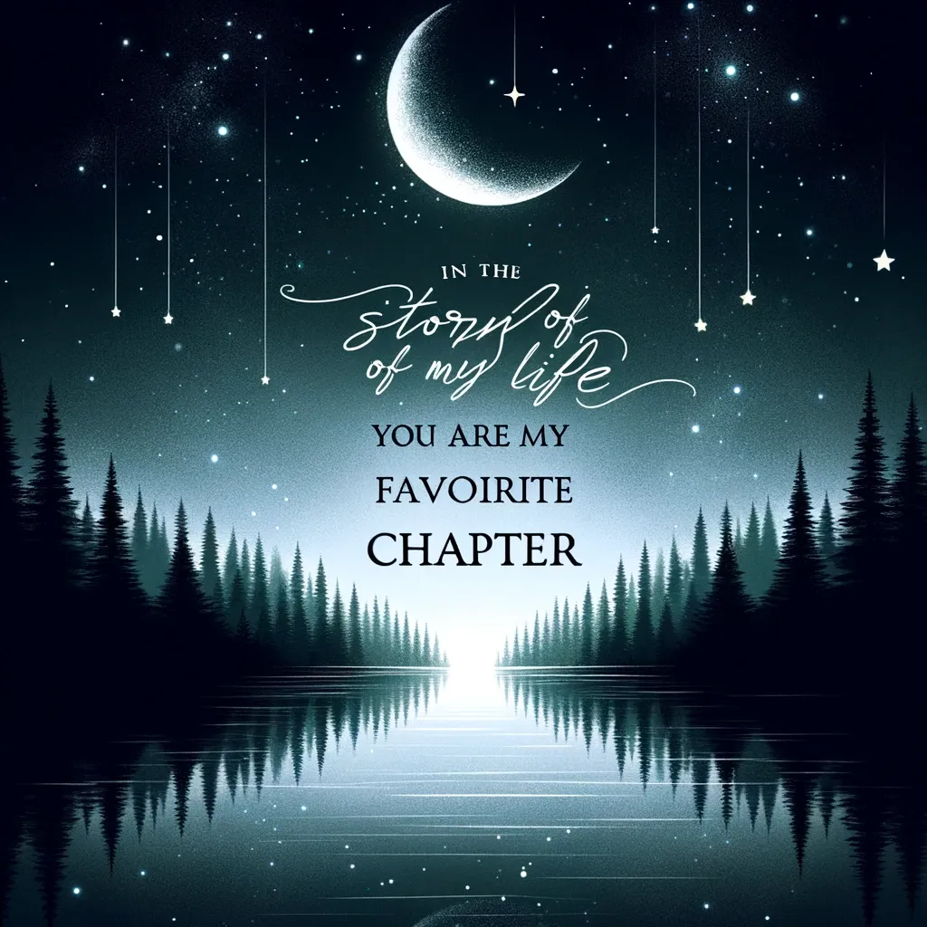 Serene night scene with crescent moon and stars over a forest and lake with inspirational quote about a loved one being the favorite chapter in the story of life.