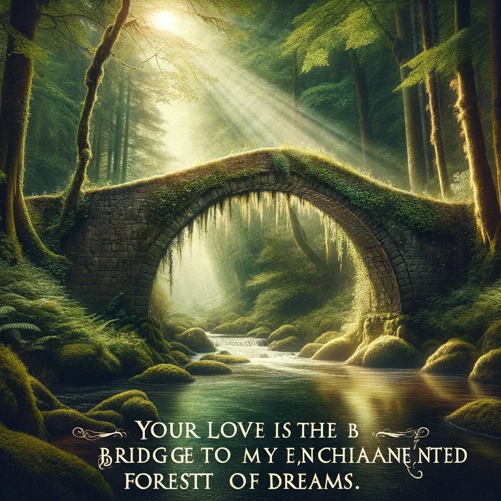 Mystical forest scene with a stone bridge and beams of light, symbolizing a bridge to an enchanted forest of dreams inspired by love.