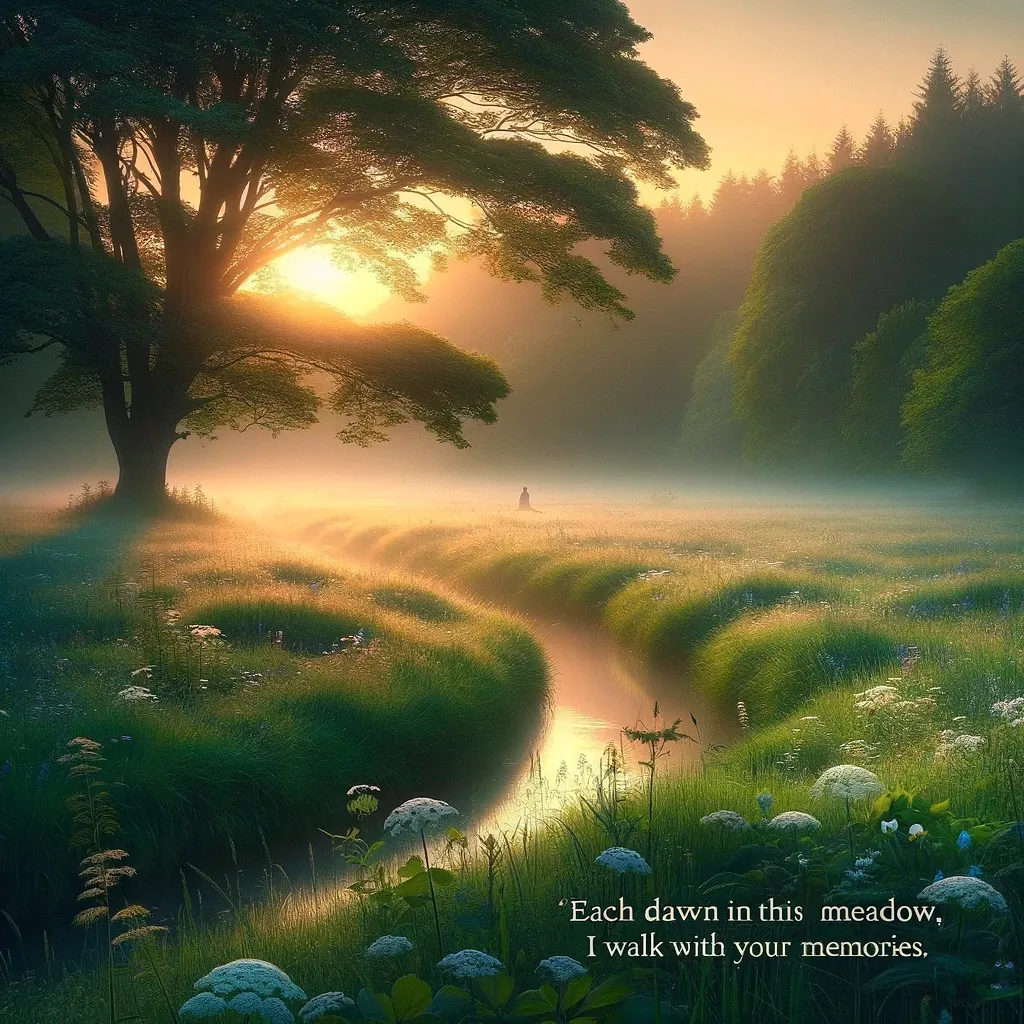 Sunrise over a misty meadow with a solitary figure, evoking walking with memories among nature's tranquility.