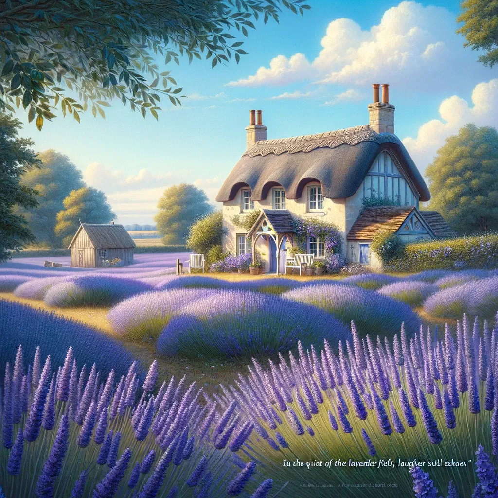 Thatched-roof cottage in a lavender field with sunlight, evoking memories and laughter in a serene setting.