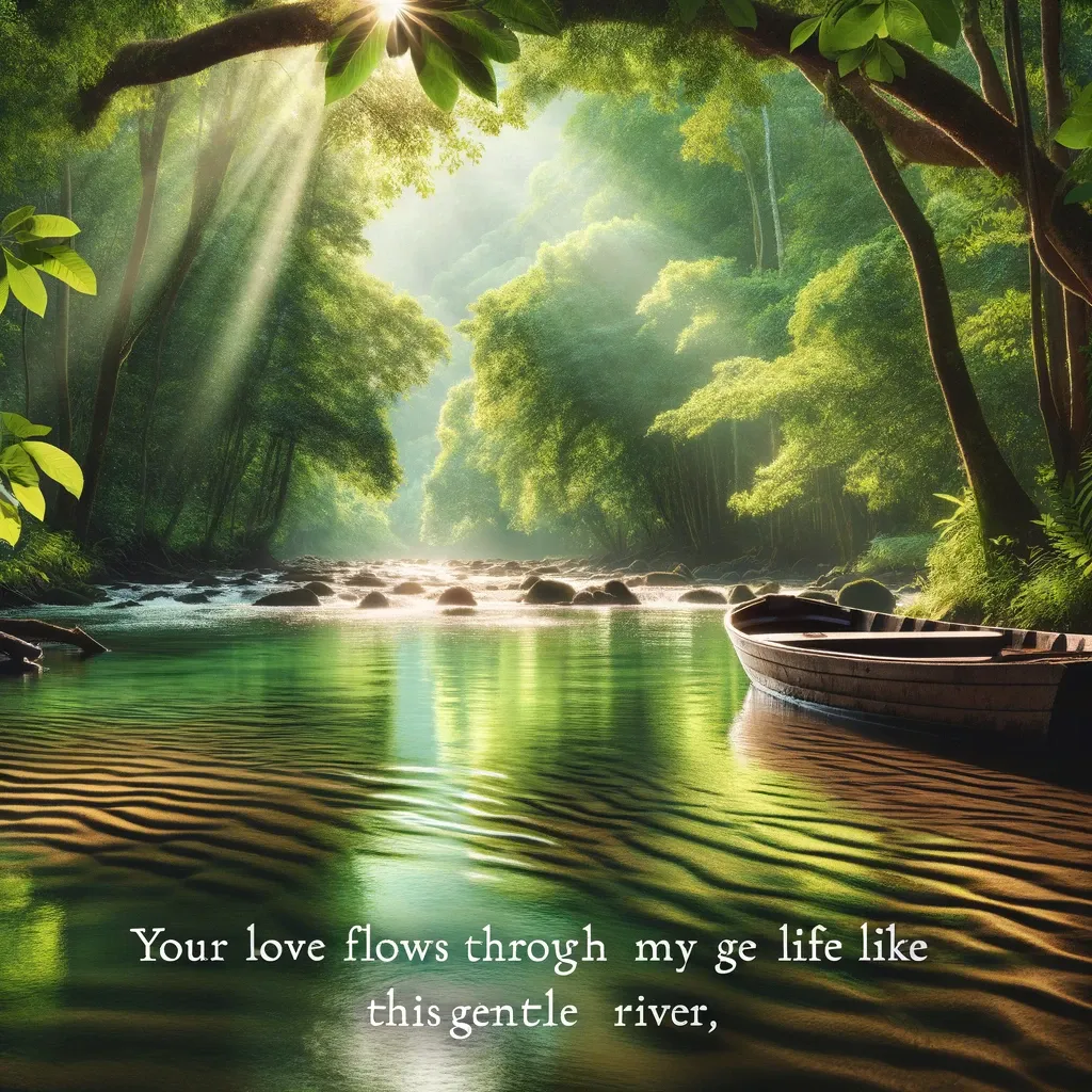 Sunlit forest with a gentle river and a boat, symbolizing the serene flow of love through life.