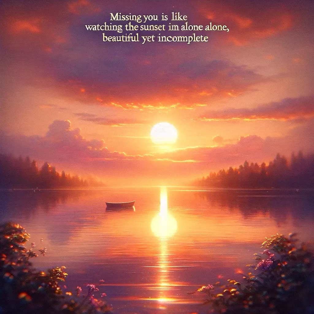 Solitary boat on a lake at sunset, with the quote about missing someone being like an incomplete yet beautiful sunset.