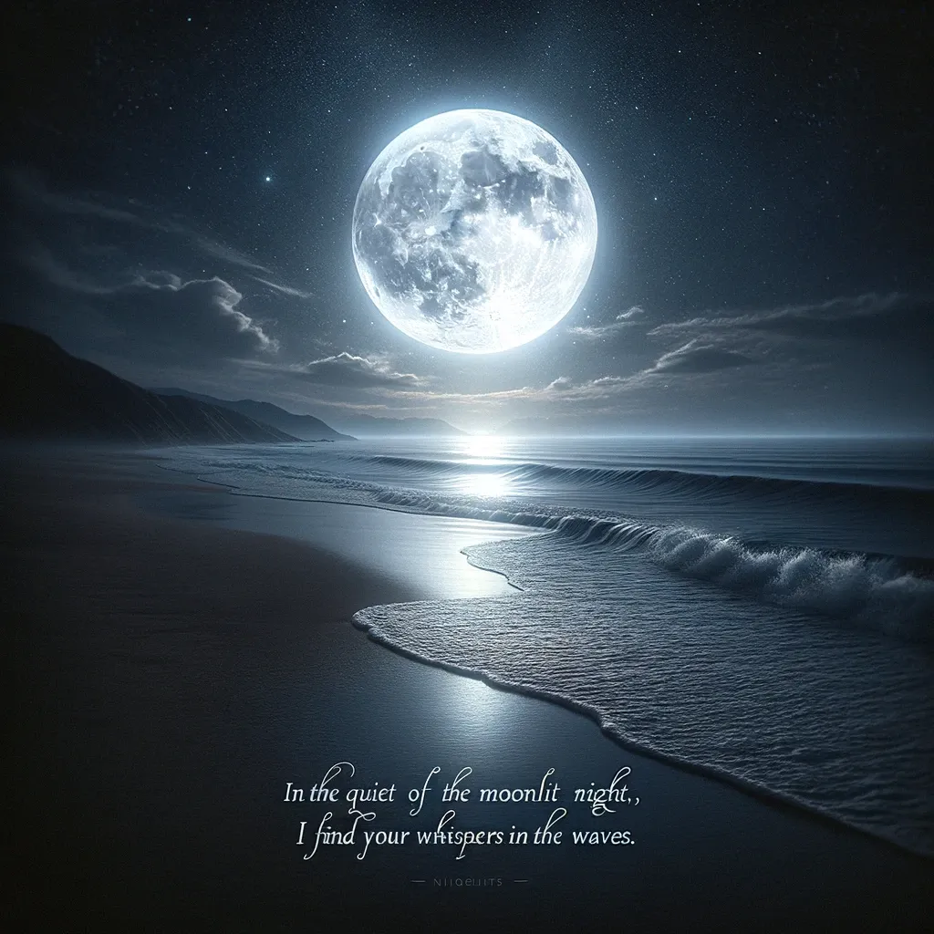 A moonlit beach at night with the moon's reflection on the sea, associated with finding a loved one's whispers in the waves.
