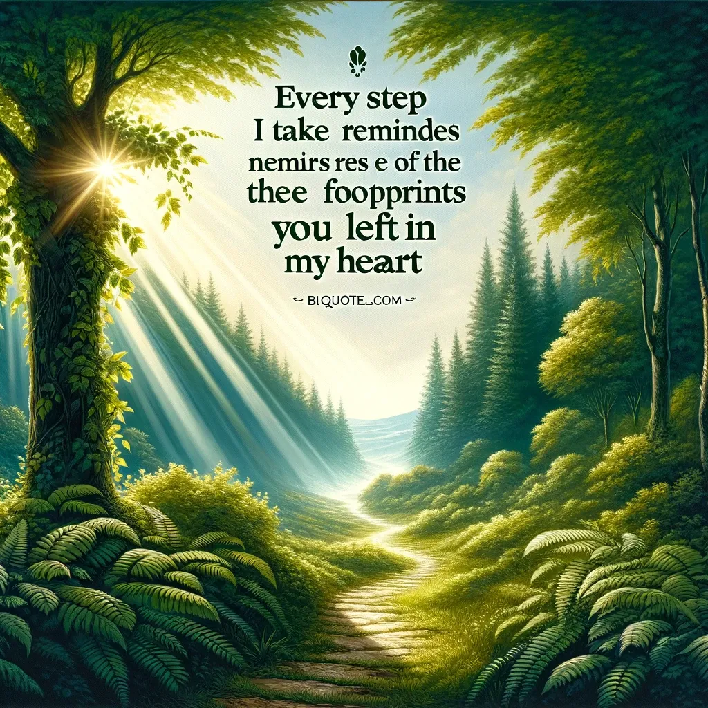 Sunlight filtering through a dense forest highlighting a path, with an inspirational miss you quote about cherished memories.
