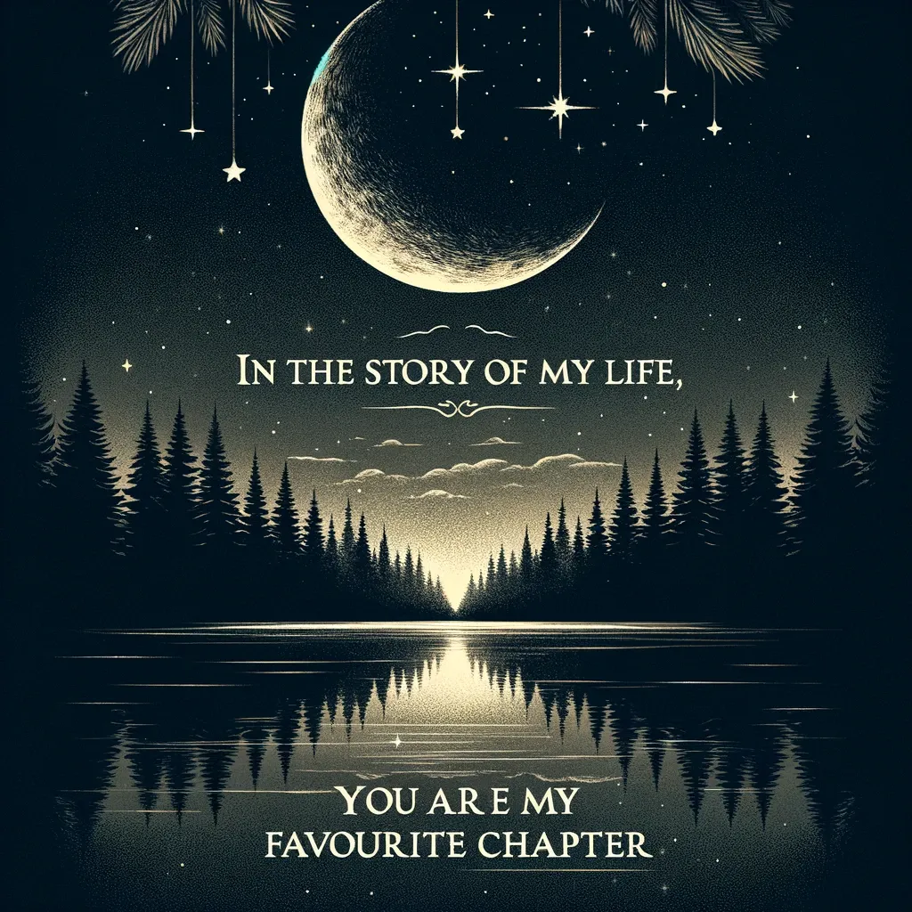Crescent moon and stars reflected in a forest lake at night, with a quote expressing someone being the favorite chapter in life.