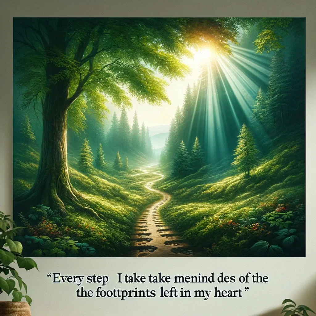 Sunbeams shining through trees onto a forest path, with a quote about memories being like footprints in the heart.