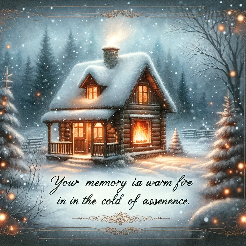 Warmly lit log cabin in a snowy landscape at night, with a quote about the warmth of memories against the coldness of absence.