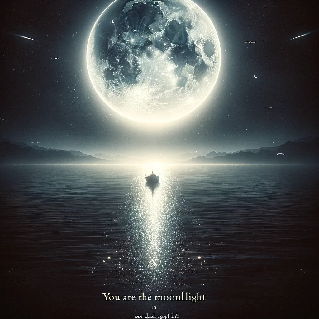 A boat under a full moon at sea, with a quote likening a loved one to the guiding light of moonlight.