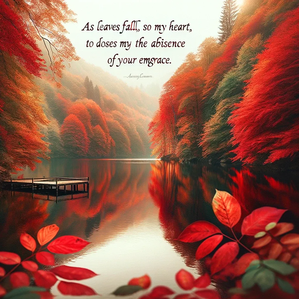 Autumnal lake with falling leaves and a quote about missing someone, symbolized by the changing season.
