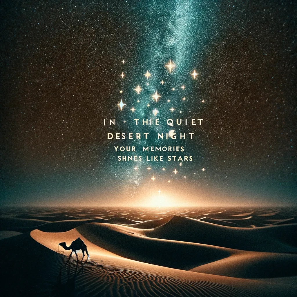 Starry desert night with a camel silhouette and a quote about memories shining like stars.