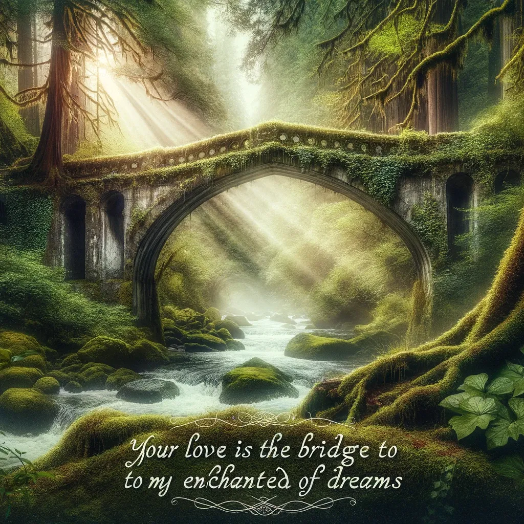 Mystical forest bridge in sunbeams, symbolizing love as a bridge to enchanted dreams, accompanied by a poetic quote.