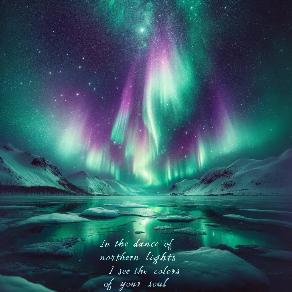Aurora Borealis illuminating the polar night sky, with a quote relating the colors of the aurora to the hues of a soul.