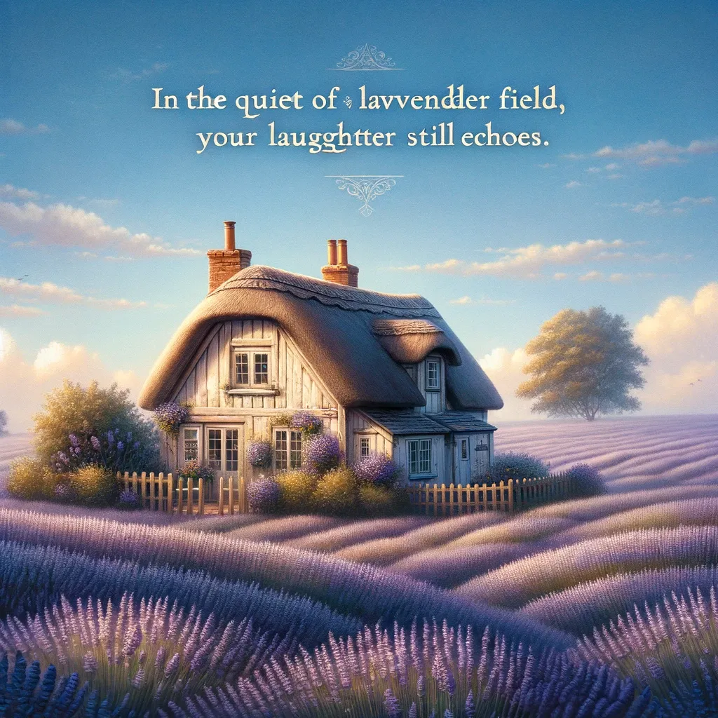 Charming cottage in a lavender field with a quote about the lingering echo of laughter in tranquil surroundings.