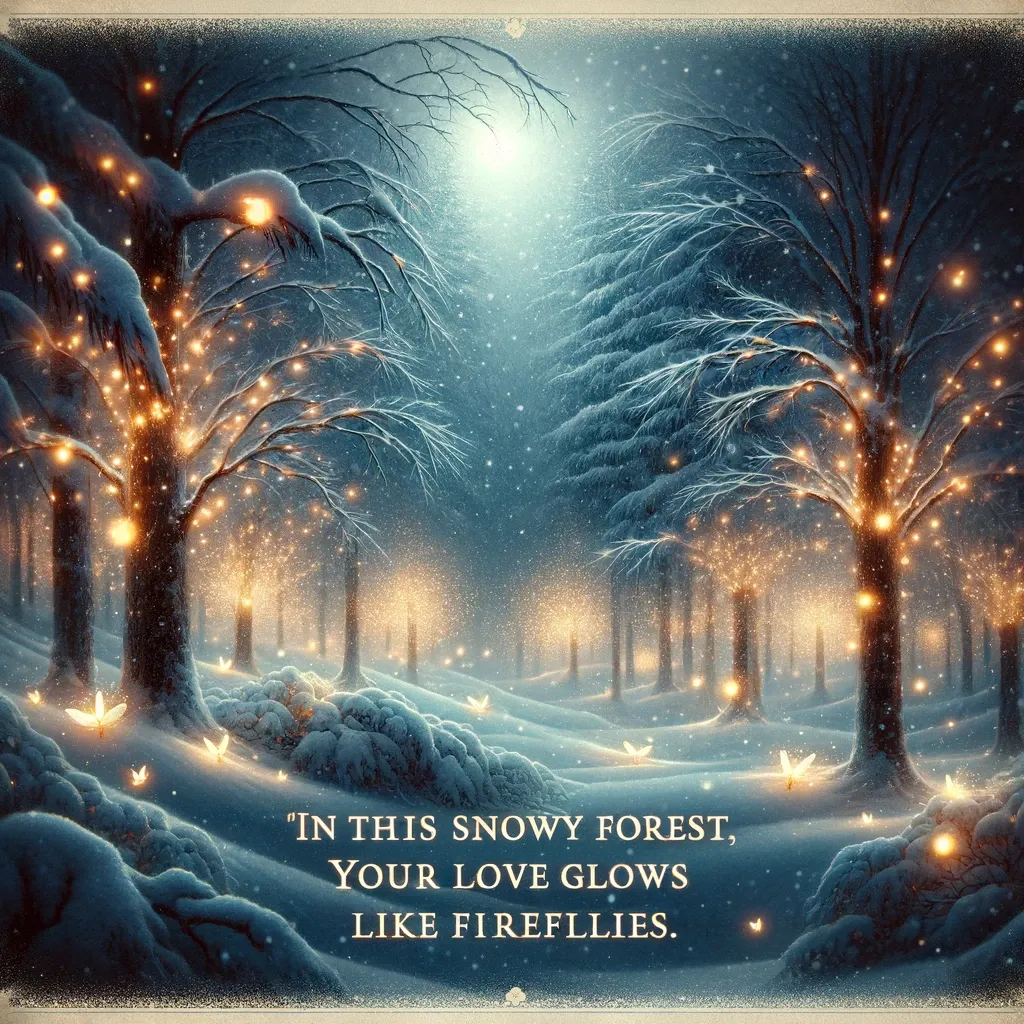 Enchanted snowy forest with lights on trees resembling fireflies, with a quote about love's enduring glow.