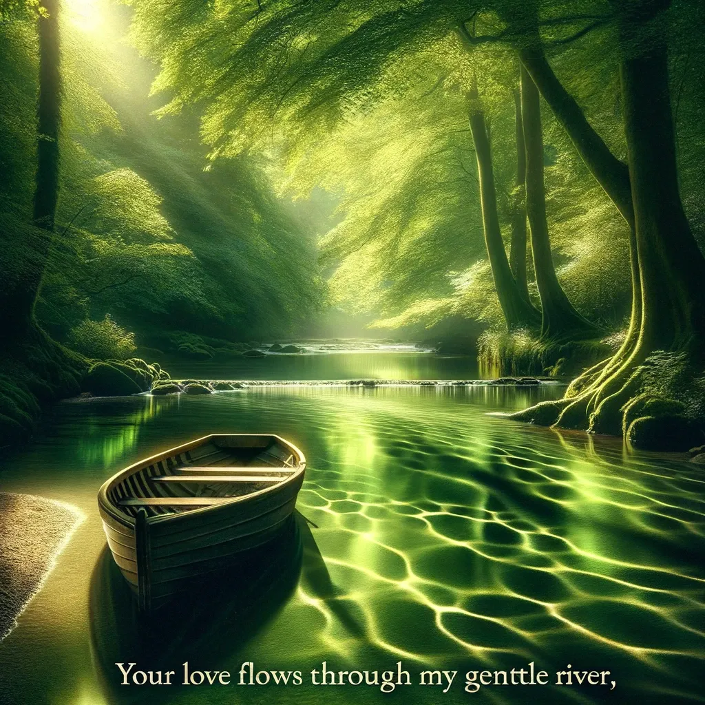 Serene river with a boat and dappled sunlight, accompanied by a quote about love flowing like a river.