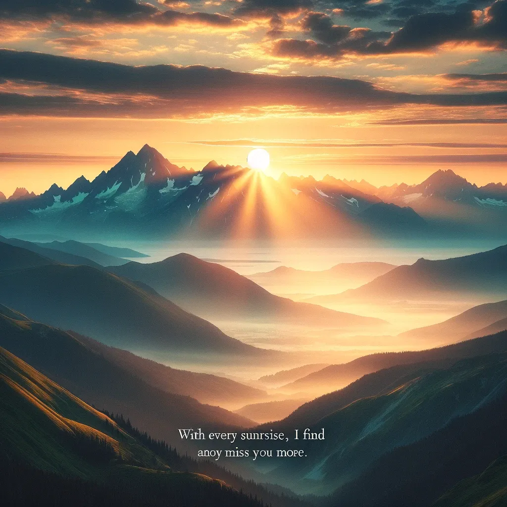Sunrise over a mountain range with rays of light casting over misty valleys, paired with a quote on missing someone more each day.