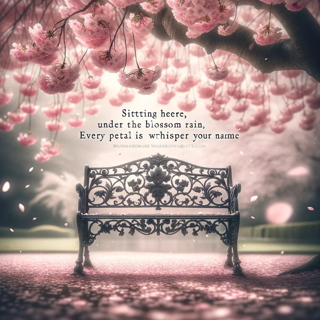 Ornate park bench under a shower of cherry blossom petals, with each petal seen as a whisper of a loved one's name.