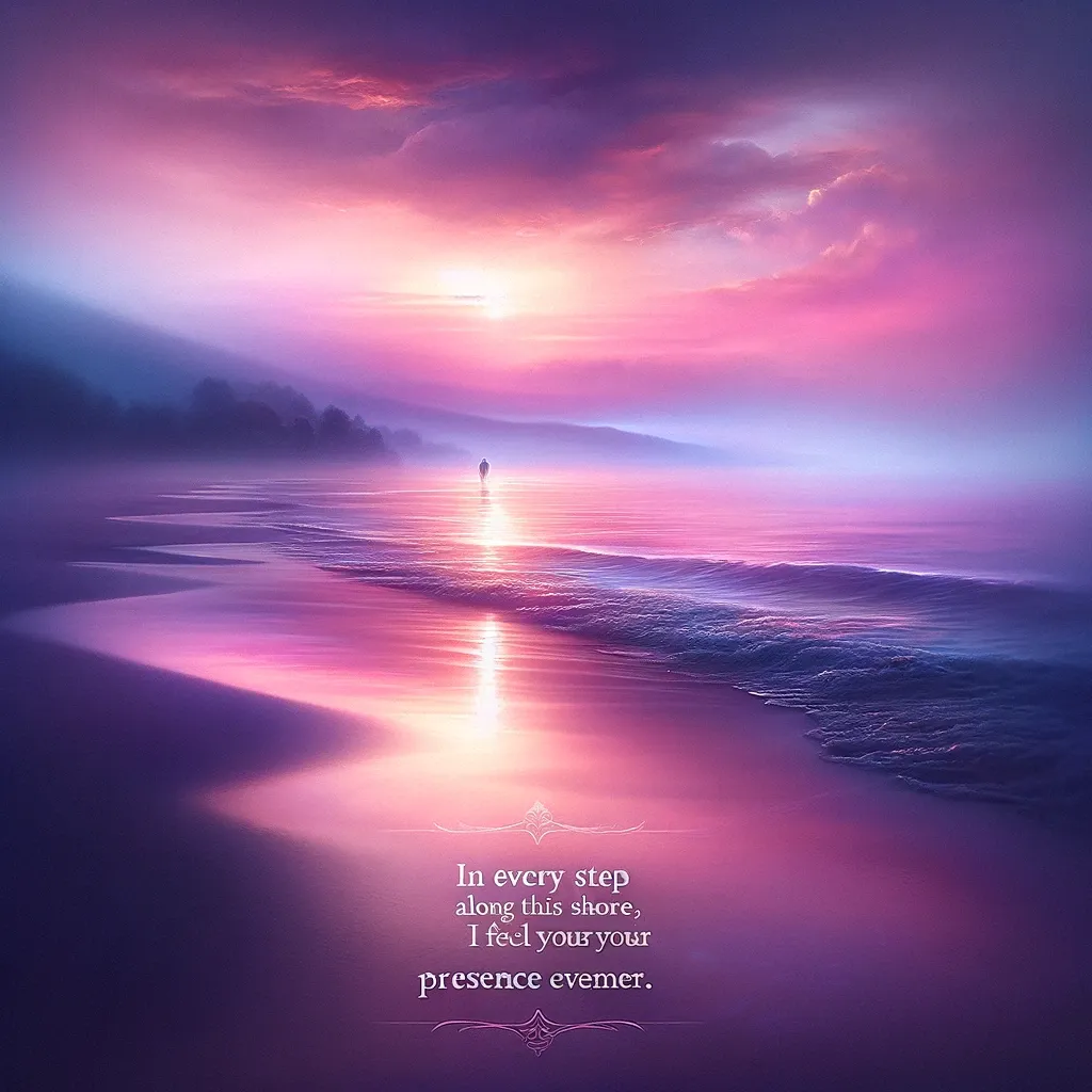 Lone figure on a beach at sunset with vivid purple and pink colors, embodying the everlasting presence of someone missed.