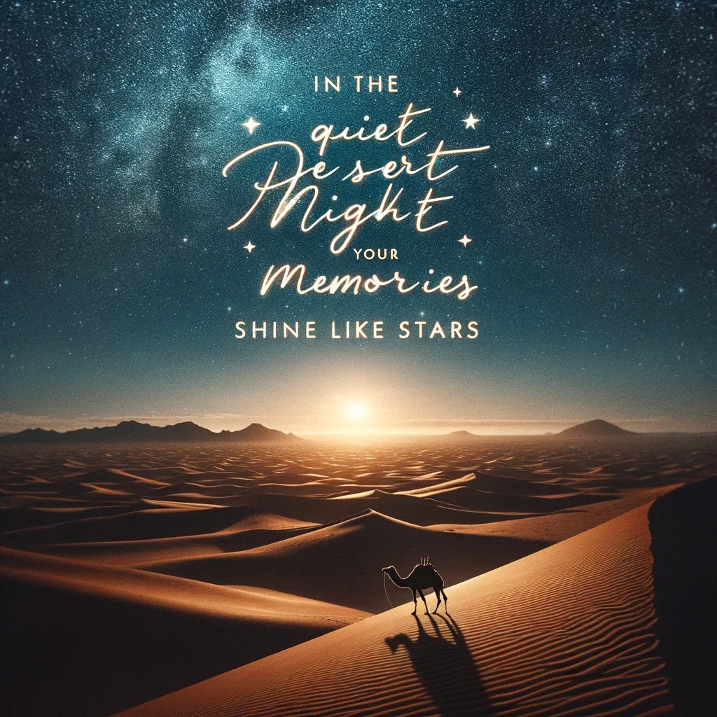 Camel silhouette in a starlit desert at twilight with an evocative quote about memories shining like stars.