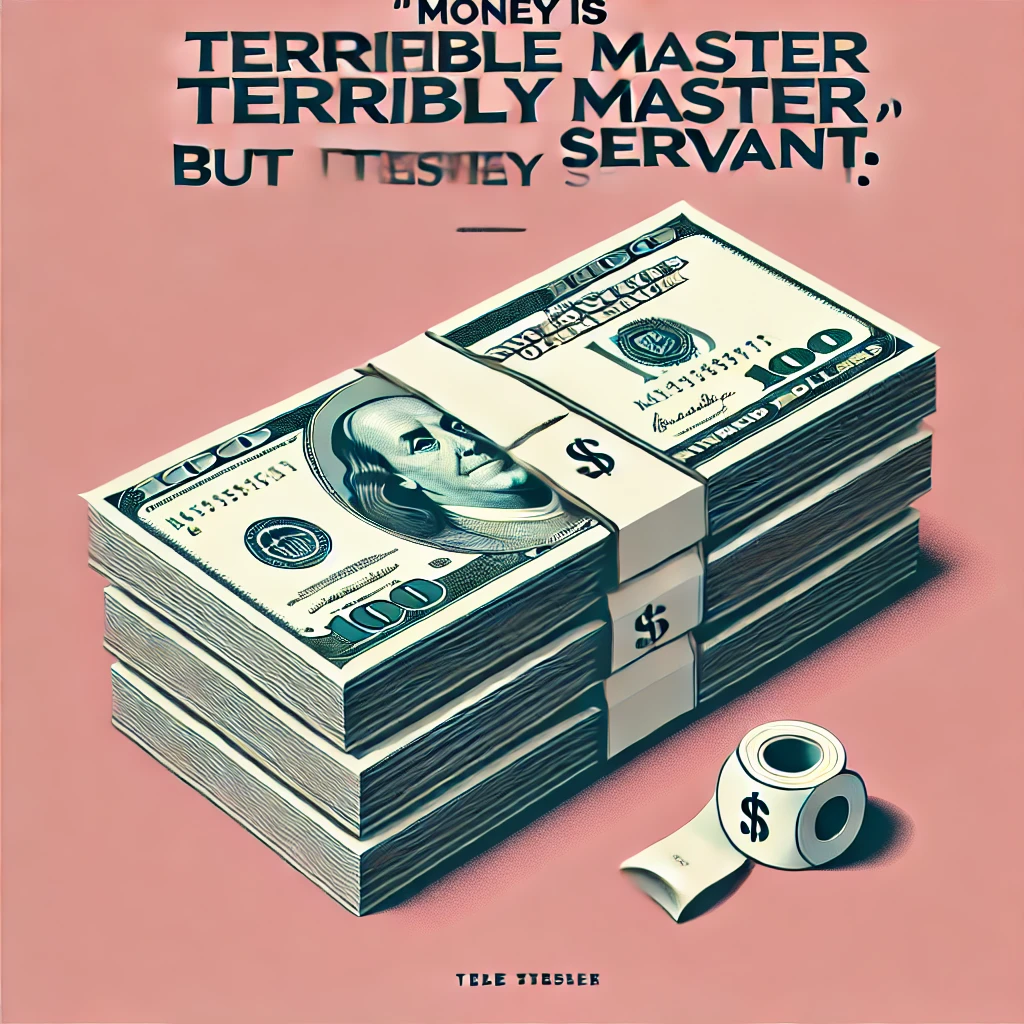 A stack of hundred dollar bills with the quote 'Money is a terrible master but an excellent servant.'