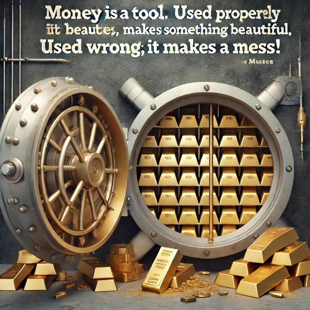 A vault door opening to reveal stacks of gold bars, with the quote 'Money is a tool. Used properly it makes something beautiful; used wrong, it makes a mess!'