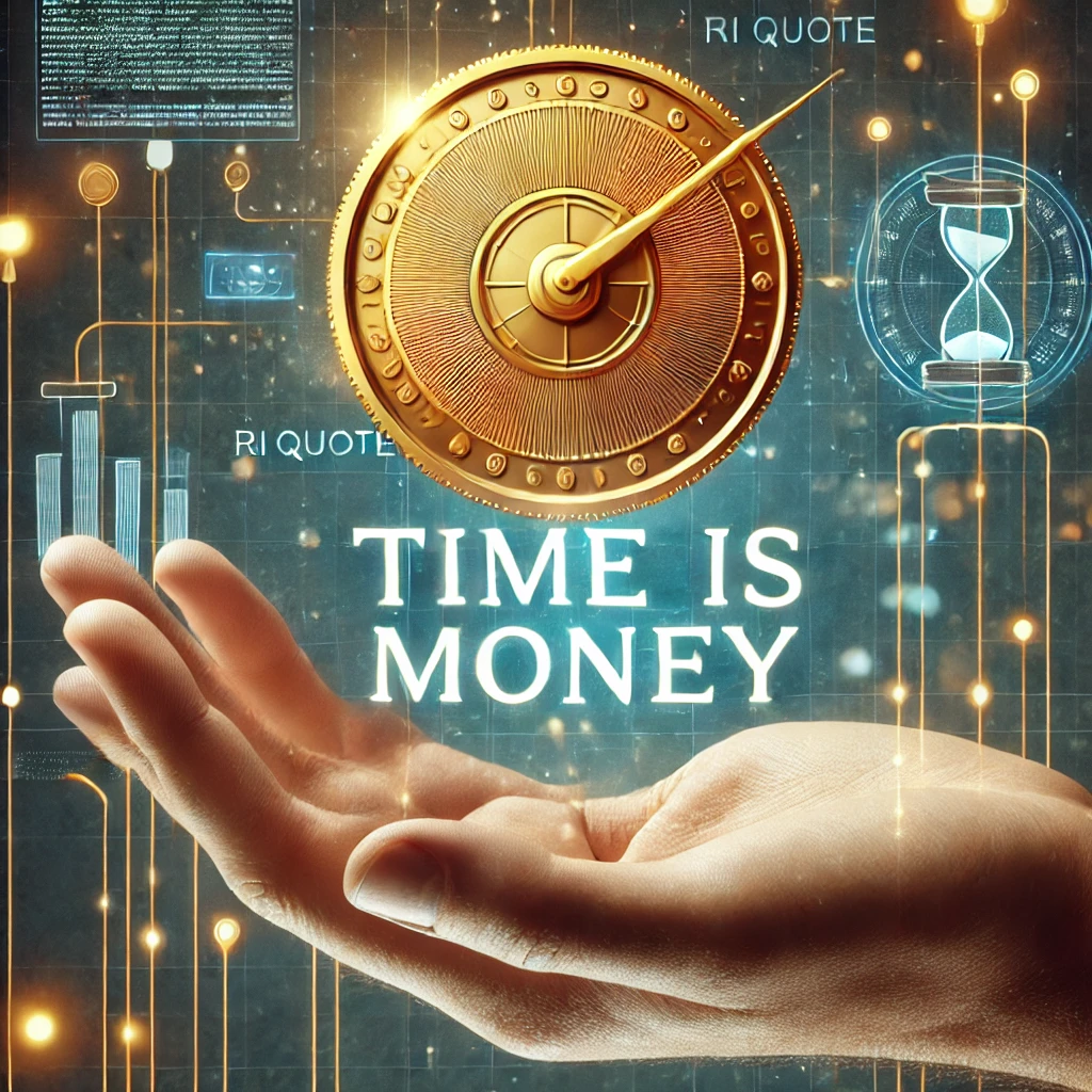 A hand holding a gold coin with a digital background, with the quote 'Time is money.'