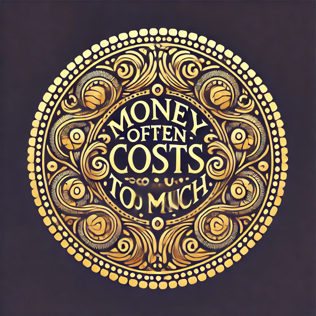 A gold coin with intricate designs, featuring the quote 'Money often costs too much.'