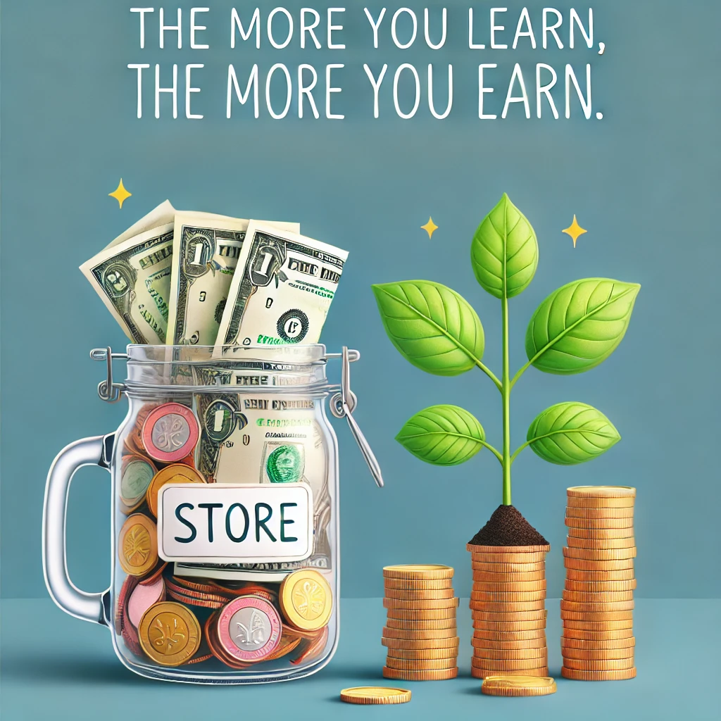 A jar filled with savings coins and a small plant growing out of it, with the quote 'The more you learn, the more you earn.'