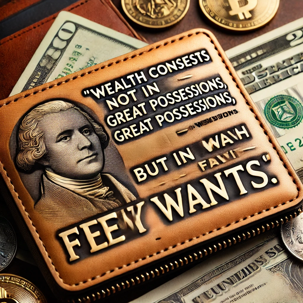 A close-up of a wallet with various currencies, with the quote 'Wealth consists not in having great possessions, but in having few wants.'