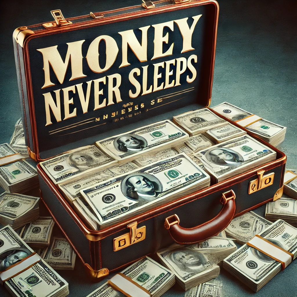 A luxurious briefcase filled with stacks of cash, with the quote 'Money never sleeps.'