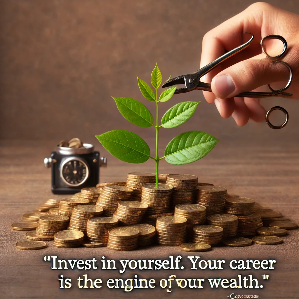 A pile of coins with a single growing plant, with the quote 'Invest in yourself. Your career is the engine of your wealth.'