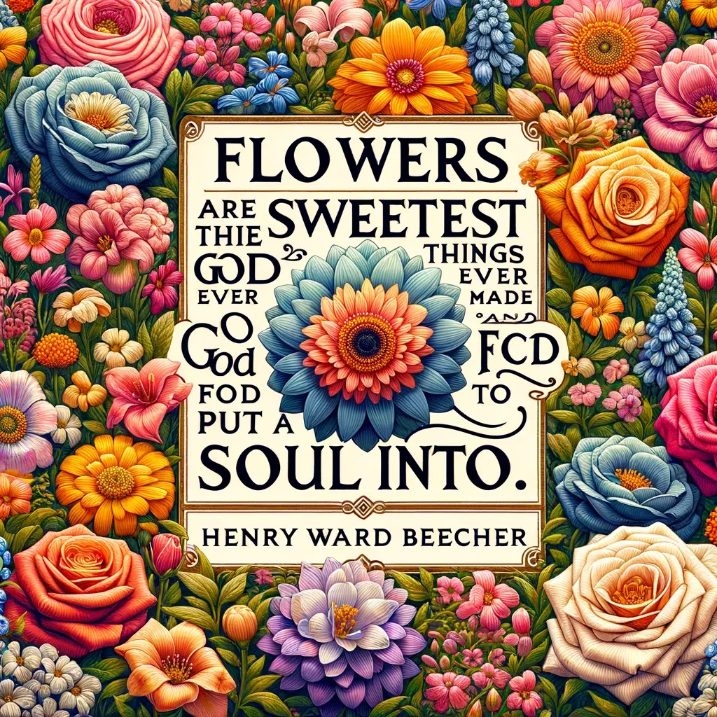 Vibrant and colorful illustration of various flowers surrounding the quote 'Flowers are the sweetest things God ever made, and forgot to put a soul into.' by Henry Ward Beecher.