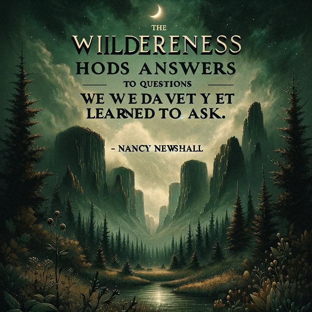 Mystical forest landscape under a moonlit sky with Nancy Newhall's quote about the wilderness holding answers.