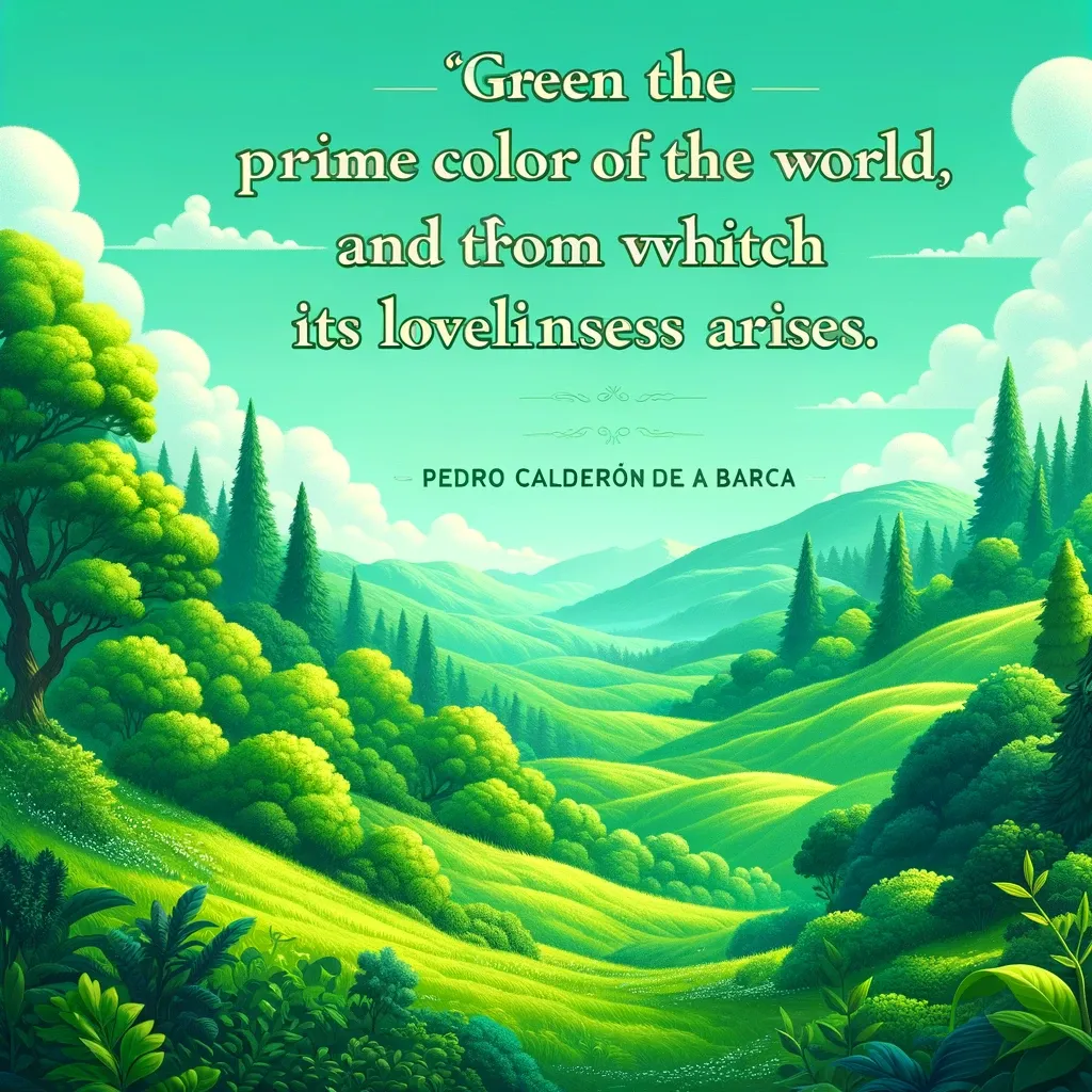 Lush green hills under a clear sky, paired with Pedro Calderón de la Barca's quote on the color green representing nature's loveliness.