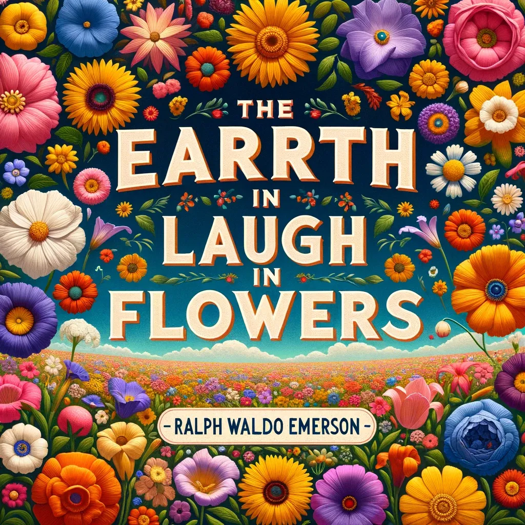Colorful garden with Emerson's quote celebrating the Earth's joy as expressed through the laughter of flowers.