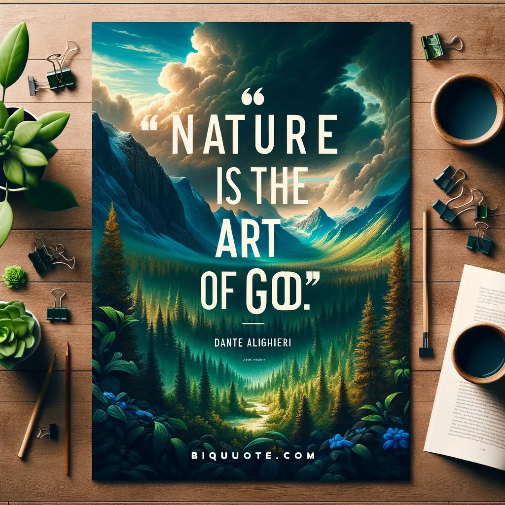 Illustration depicting a tranquil forest and mountains with Dante Alighieri's quote about nature being the art of God