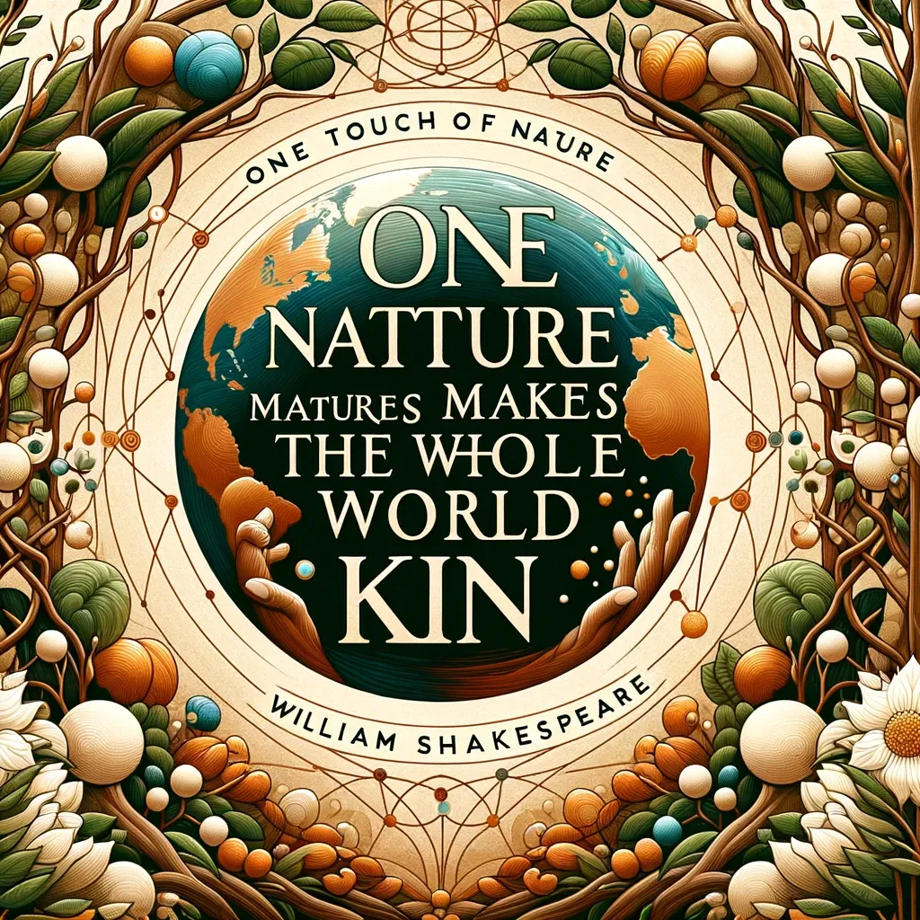 Ornate depiction of the globe with William Shakespeare's quote on nature's unifying power.