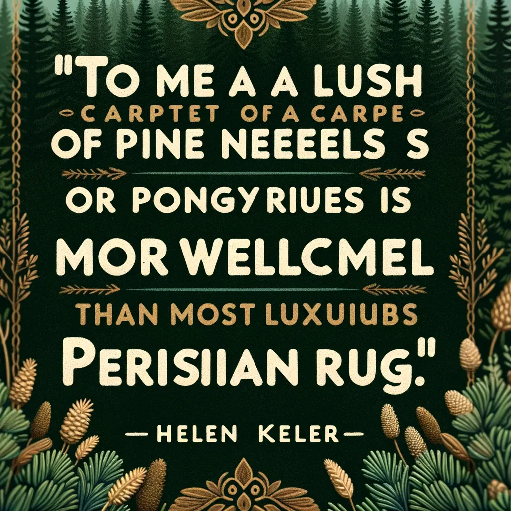 Illustration of a dense pine forest with the quote 'To me a lush carpet of pine needles or spongy grass is more welcome than the most luxurious Persian rug' by Helen Keller.