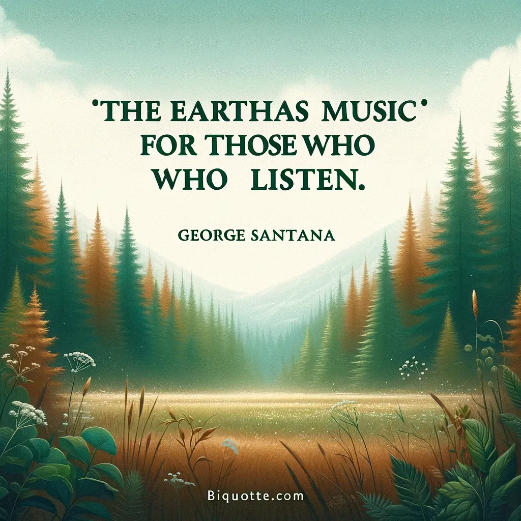 Tranquil forest scene with a George Santayana quote about the music of the Earth for those who listen.