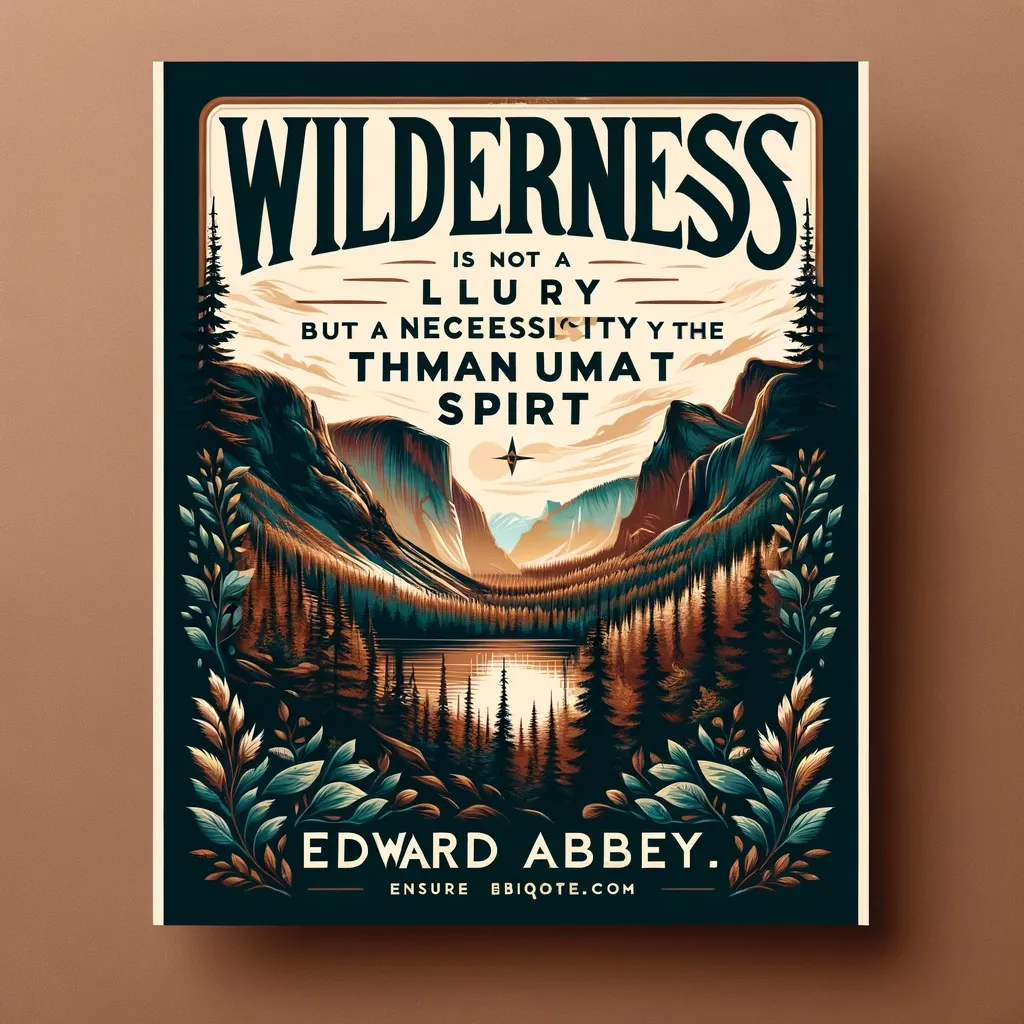 A serene wilderness view with Edward Abbey's quote about the necessity of wilderness for the human spirit.