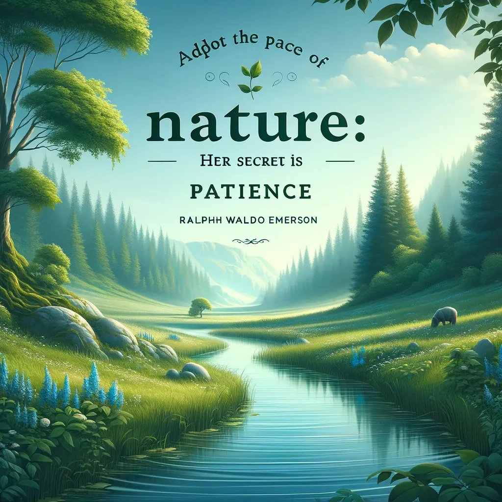 Serene landscape with a river and a quote by Ralph Waldo Emerson, 'Adopt the pace of nature: her secret is patience.'