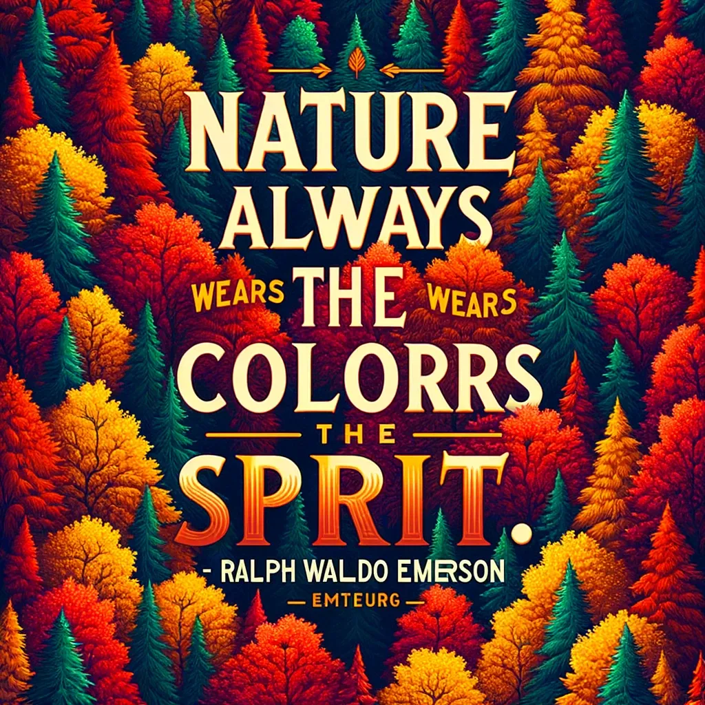 Artistic depiction of autumnal forest with Emerson's quote 'Nature always wears the colors of the spirit.'
