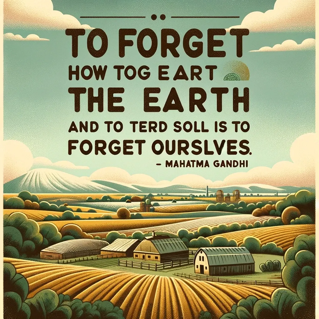 Rural farmland scenery with Gandhi's quote 'To forget how to dig the earth and to tend the soil is to forget ourselves.'