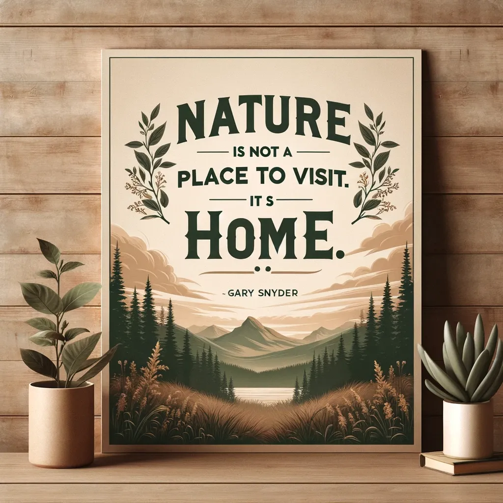 A cozy home in a natural landscape with Gary Snyder's quote 'Nature is not a place to visit. It is home.'