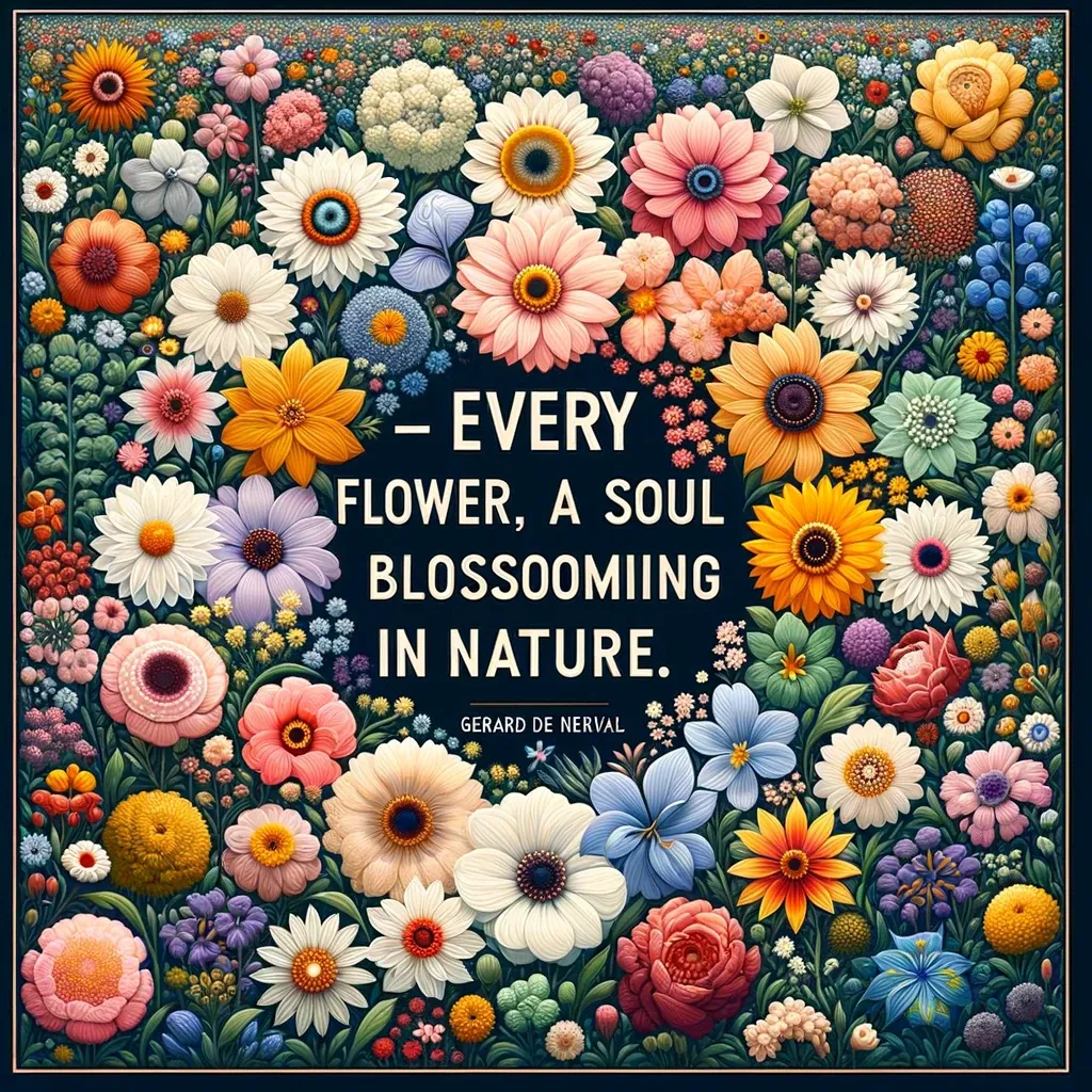 Diverse garden of flowers with Gérard de Nerval's quote 'Every flower is a soul blossoming in nature.'