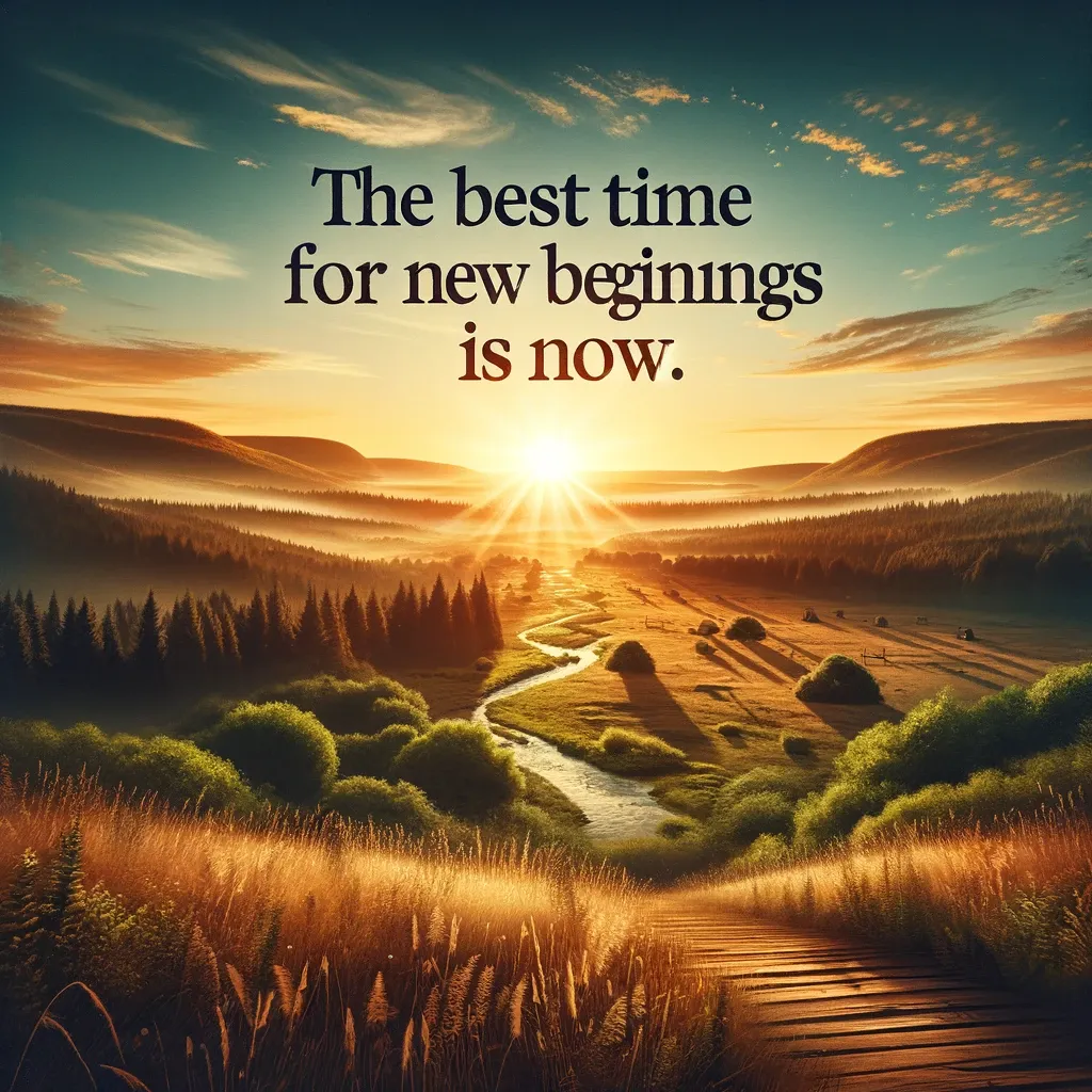 Sunrise over a lush valley with the inspiring quote 'The best time for new beginnings is now.'