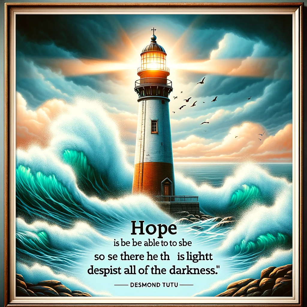 Lighthouse standing strong amidst turbulent waves with Desmond Tutu's quote 'Hope is being able to see that there is light despite all of the darkness.'