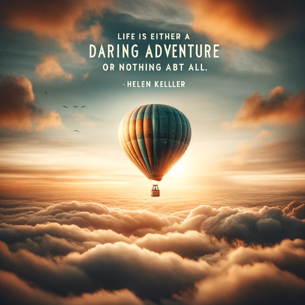 Hot air balloon soaring above the clouds at sunrise with Helen Keller's quote 'Life is either a daring adventure or nothing at all.'