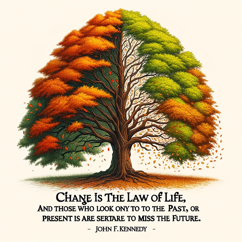 Tree with half its leaves in autumn colors, representing change, with John F. Kennedy's quote 'Change is the law of life, and those who look only to the past or present are certain to miss the future.'